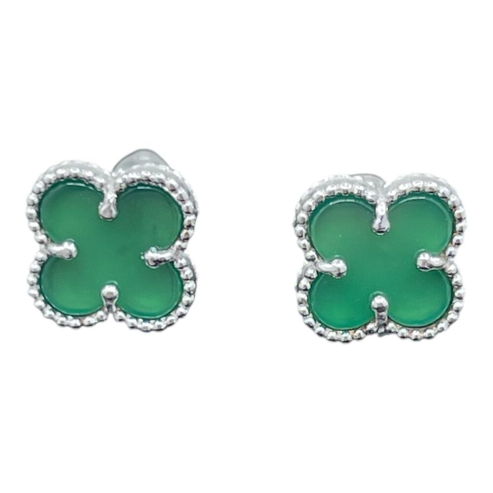 Green Onyx Flower Stud Earrings 925 Sterling Silver Screw Back Posts